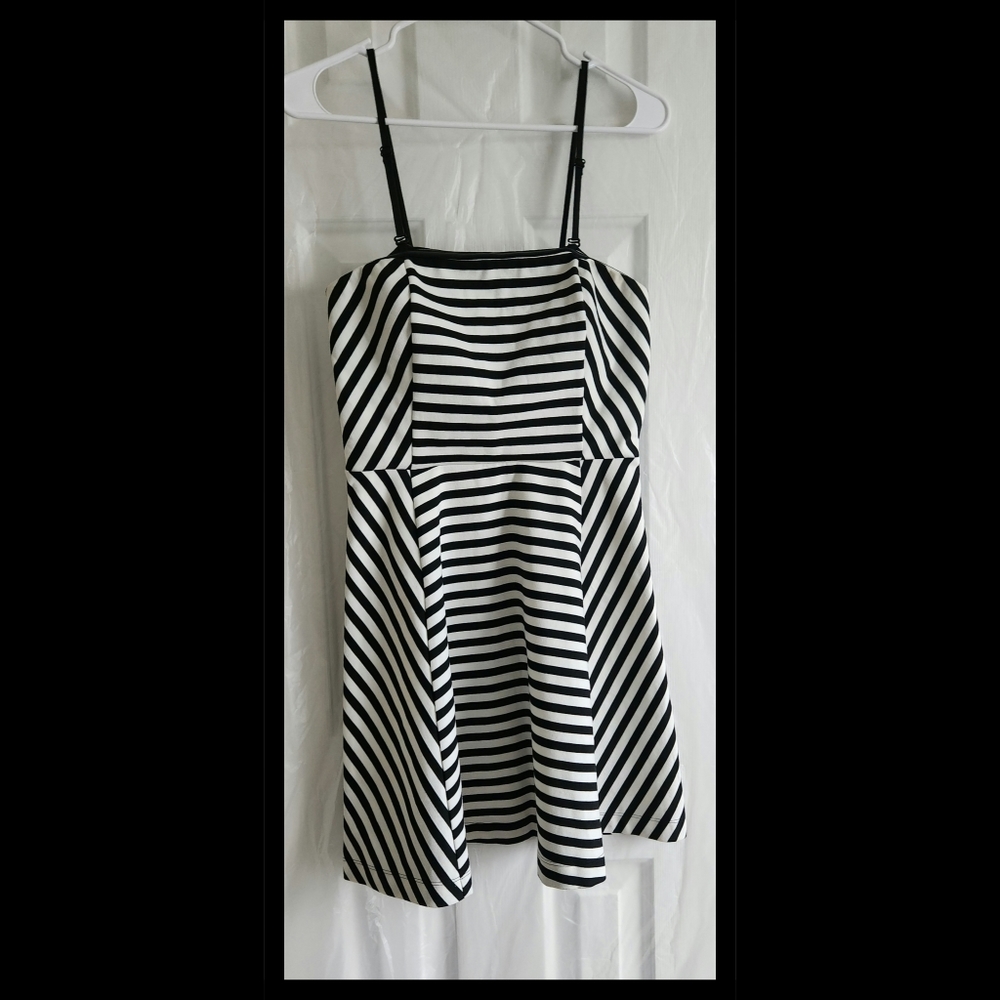 Express Black White Striped Fit and Flare Dress- 4